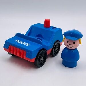 Vintage Fisher Price Little People Blue Police Car and Girl with Hat Toys Kids